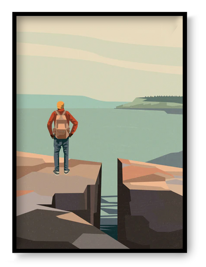 Minimalist landscape art print showing a person standing on a cliff overlooking water and distant hills, modern nature wall art poster in soft earthy tones.
