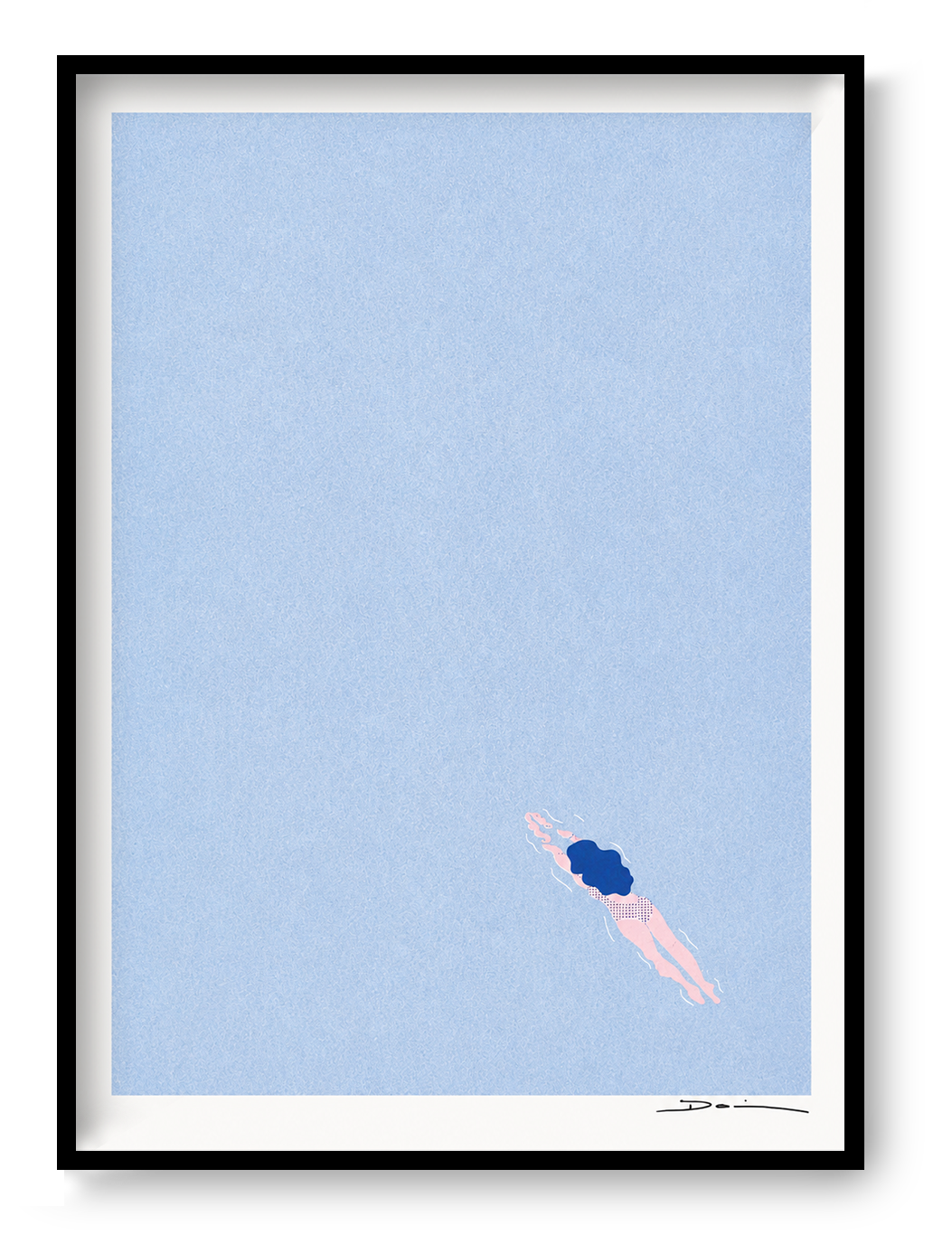 Minimalist risograph art print of a lone swimmer floating in a pale blue sea by Studio Stoutpoep. Soft pastel colors, portrait orientation, calming contemporary wall art for modern interiors.