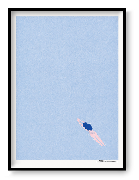 Minimalist risograph art print of a lone swimmer floating in a pale blue sea by Studio Stoutpoep. Soft pastel colors, portrait orientation, calming contemporary wall art for modern interiors.