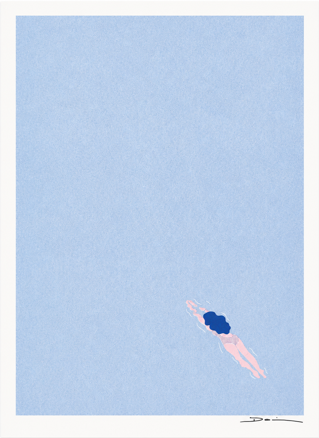 Minimalist risograph art print of a lone swimmer floating in a pale blue sea by Studio Stoutpoep. Soft pastel colors, portrait orientation, calming contemporary wall art for modern interiors.