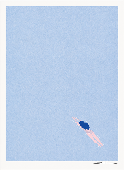 Minimalist risograph art print of a lone swimmer floating in a pale blue sea by Studio Stoutpoep. Soft pastel colors, portrait orientation, calming contemporary wall art for modern interiors.