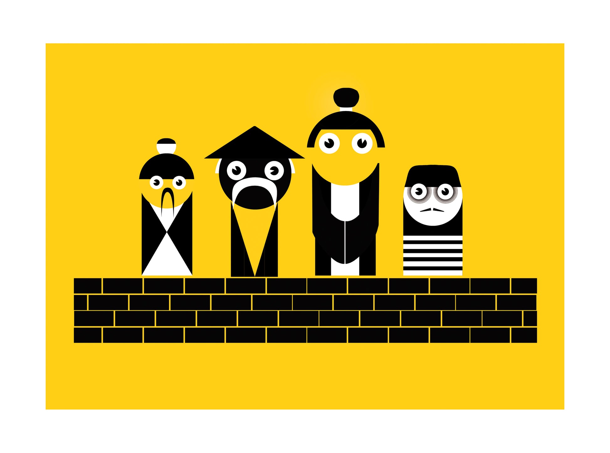 Bold and playful graphic illustration titled ‘Chinese’ by Studio Frits, featuring four stylized black-and-white cartoon characters with geometric shapes against a vibrant yellow background. This modern art print blends minimalism with cultural motifs, perfect for contemporary interiors, kids’ rooms, or design lovers who appreciate quirky wall decor. Available at Galerie Frits