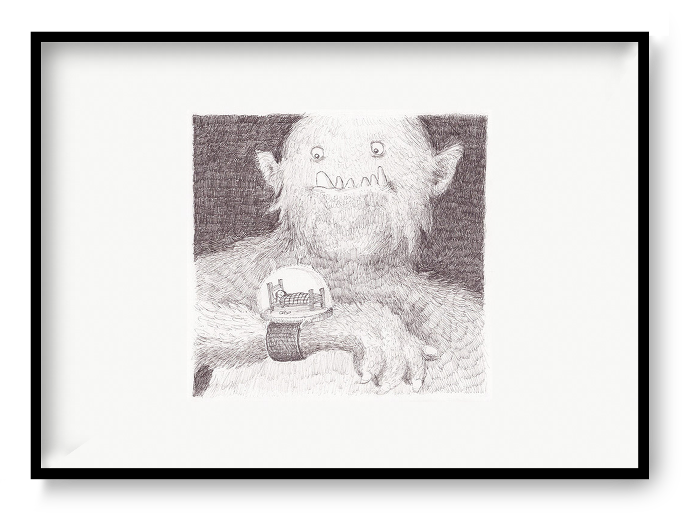 Surreal black-and-white giclée art print of a gentle furry monster wearing a wristwatch with a tiny bedroom inside, illustrated by Willy Leung. Detailed pencil-style artwork for cozy home decor, displayed in portrait orientation.