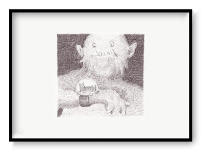 Surreal black-and-white giclée art print of a gentle furry monster wearing a wristwatch with a tiny bedroom inside, illustrated by Willy Leung. Detailed pencil-style artwork for cozy home decor, displayed in portrait orientation.