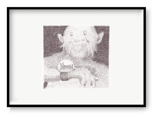 Surreal black-and-white giclée art print of a gentle furry monster wearing a wristwatch with a tiny bedroom inside, illustrated by Willy Leung. Detailed pencil-style artwork for cozy home decor, displayed in portrait orientation.