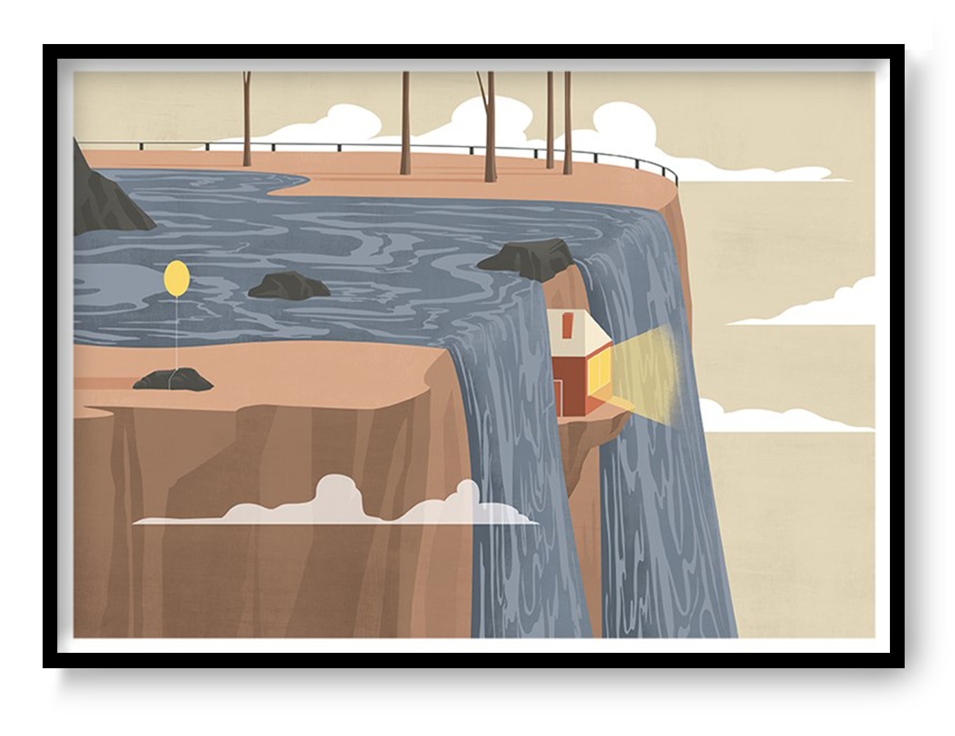 A3 surreal landscape art print by Ana Yael featuring a waterfall flowing over a cliff with a small illuminated house hidden behind the water, soft clouds, rocks, and minimalist design style.
