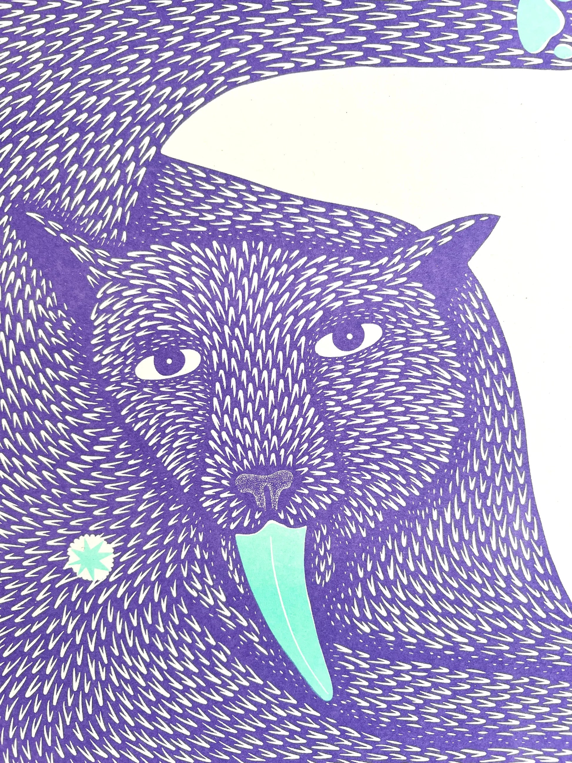 Colorful risograph illustration of a stylized animal with textured purple fur, expressive eyes, and a striking turquoise tongue; titled Wet Ass Penelope by artist Strangford, printed on A3 recycled paper in Northern Ireland.