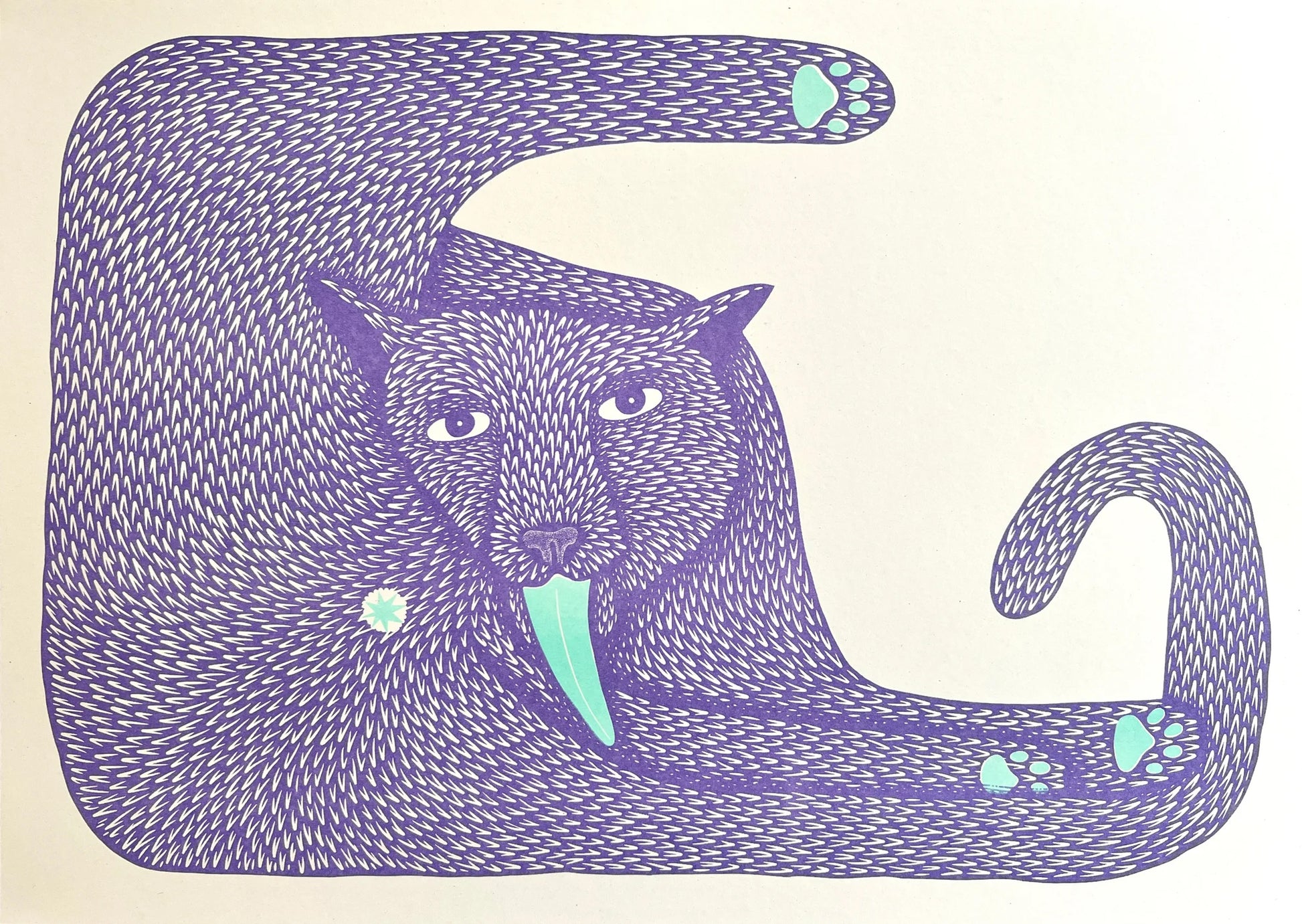Colorful risograph illustration of a stylized animal with textured purple fur, expressive eyes, and a striking turquoise tongue; titled Wet Ass Penelope by artist Strangford, printed on A3 recycled paper in Northern Ireland.