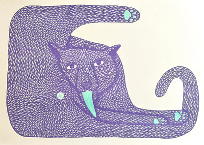Colorful risograph illustration of a stylized animal with textured purple fur, expressive eyes, and a striking turquoise tongue; titled Wet Ass Penelope by artist Strangford, printed on A3 recycled paper in Northern Ireland.