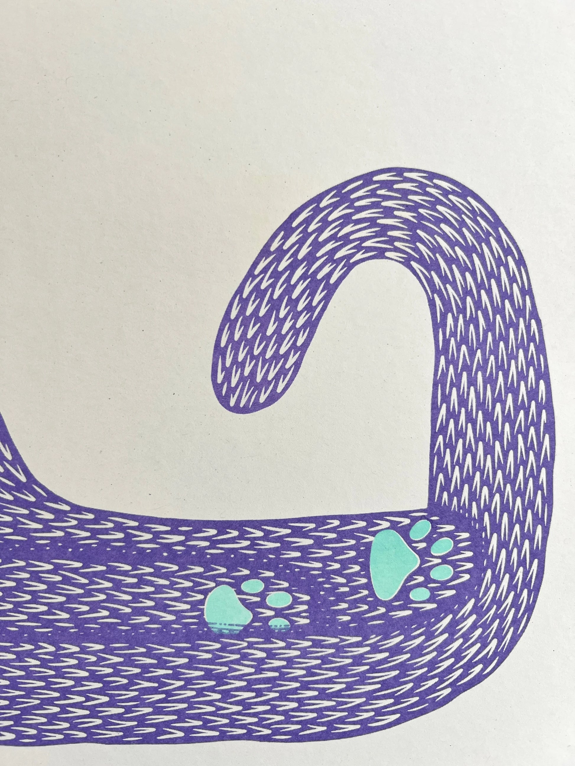 Colorful risograph illustration of a stylized animal with textured purple fur, expressive eyes, and a striking turquoise tongue; titled Wet Ass Penelope by artist Strangford, printed on A3 recycled paper in Northern Ireland.
