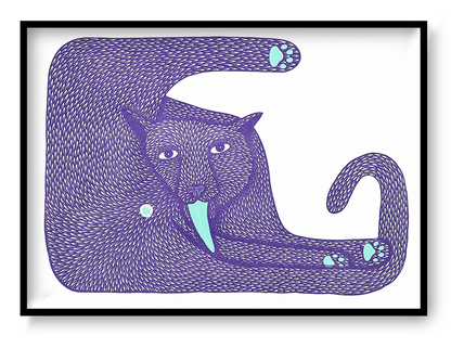 Purple cat risograph art print with elongated body, curled tail, mint tongue and paw details, bold graphic texture and landscape format for playful modern wall decor.