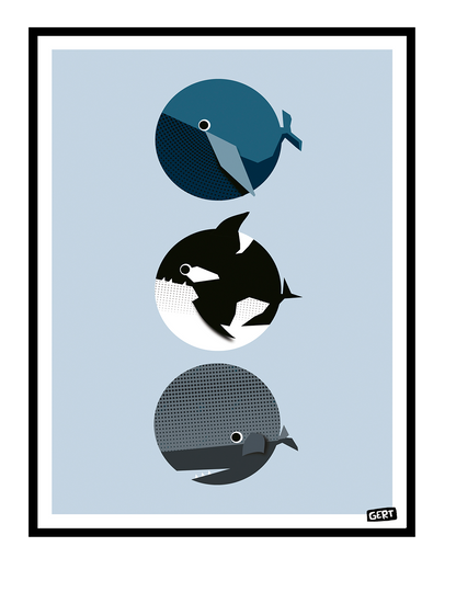 Whales by Gert Paenen, minimalist whale art print featuring three geometric whales in blue, black and grey tones on a soft blue background, contemporary marine life wall art for modern home decor.