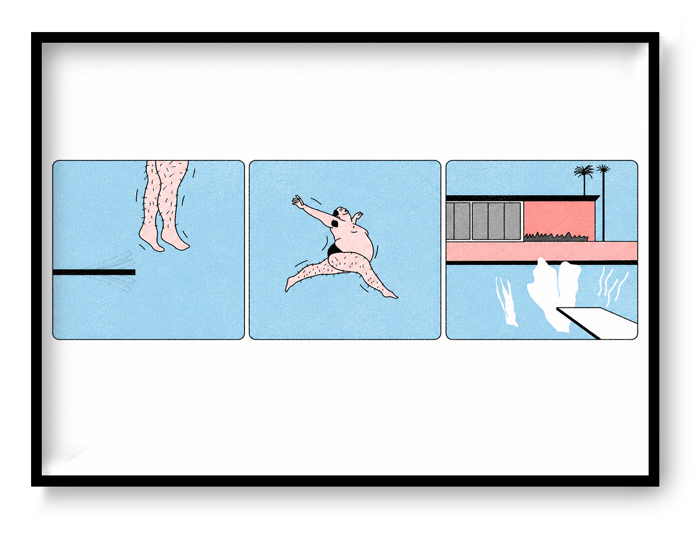 Limited-edition risograph print showing a humorous three-panel diving sequence by Studio Stoutpoep, featuring a playful swimmer, pastel blue background, bold graphic lines, and retro comic-inspired design for modern home decor.