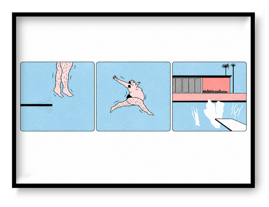 Limited-edition risograph print showing a humorous three-panel diving sequence by Studio Stoutpoep, featuring a playful swimmer, pastel blue background, bold graphic lines, and retro comic-inspired design for modern home decor.