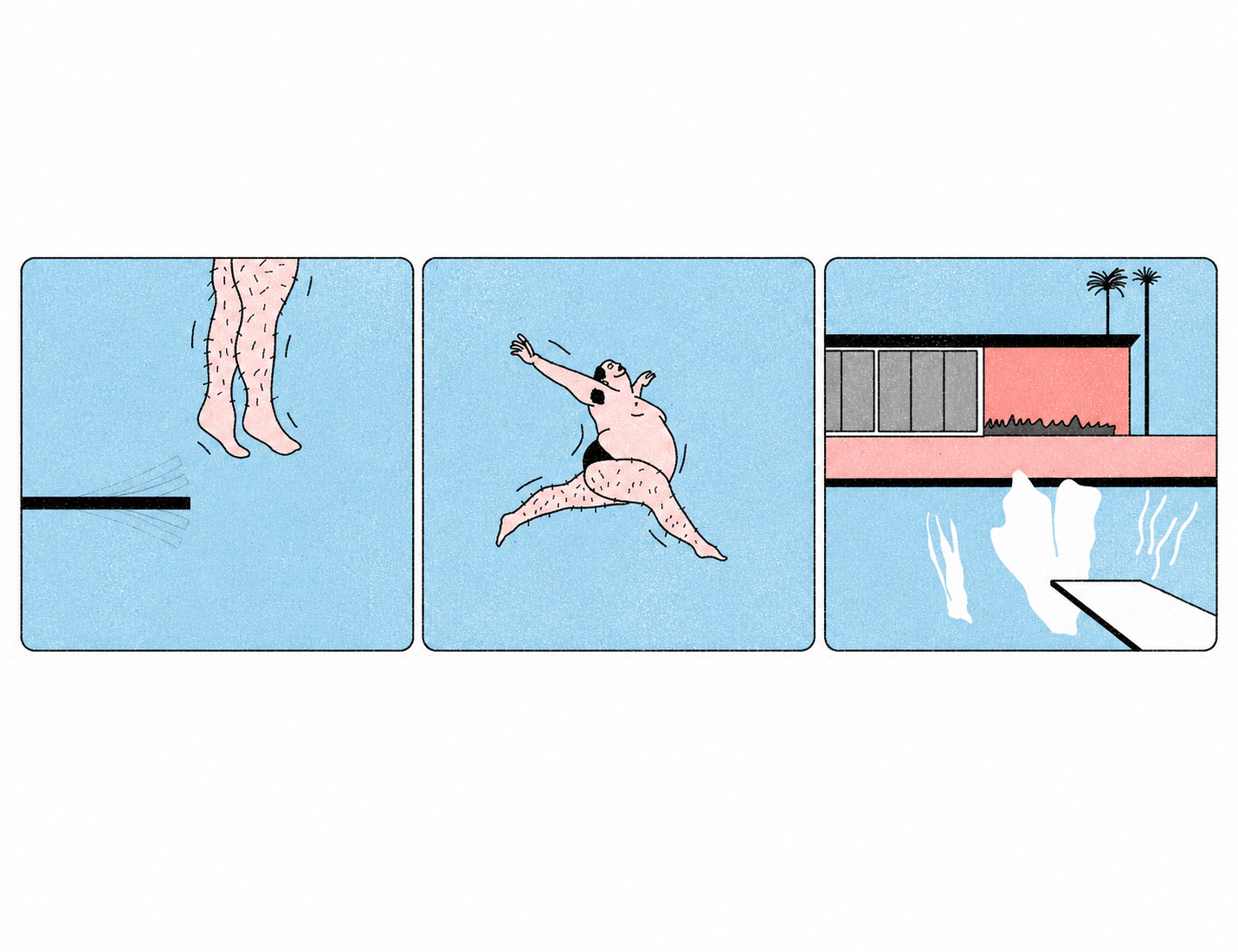 Limited-edition risograph print showing a humorous three-panel diving sequence by Studio Stoutpoep, featuring a playful swimmer, pastel blue background, bold graphic lines, and retro comic-inspired design for modern home decor.