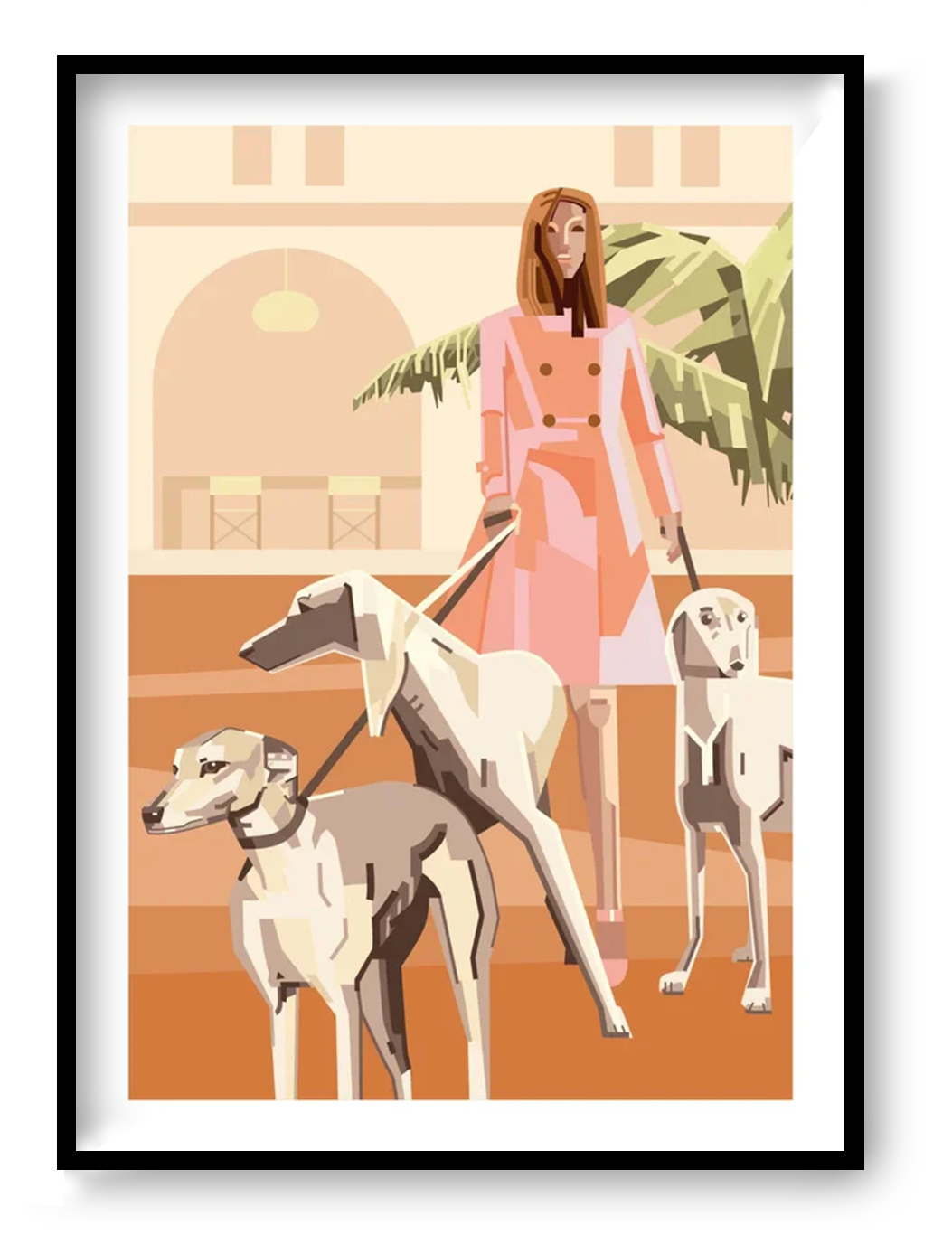 Modern fashion illustration of a stylish woman walking three dogs in a warm-toned architectural setting, A3 digital art print by Floor 4 Productions for contemporary home decor.