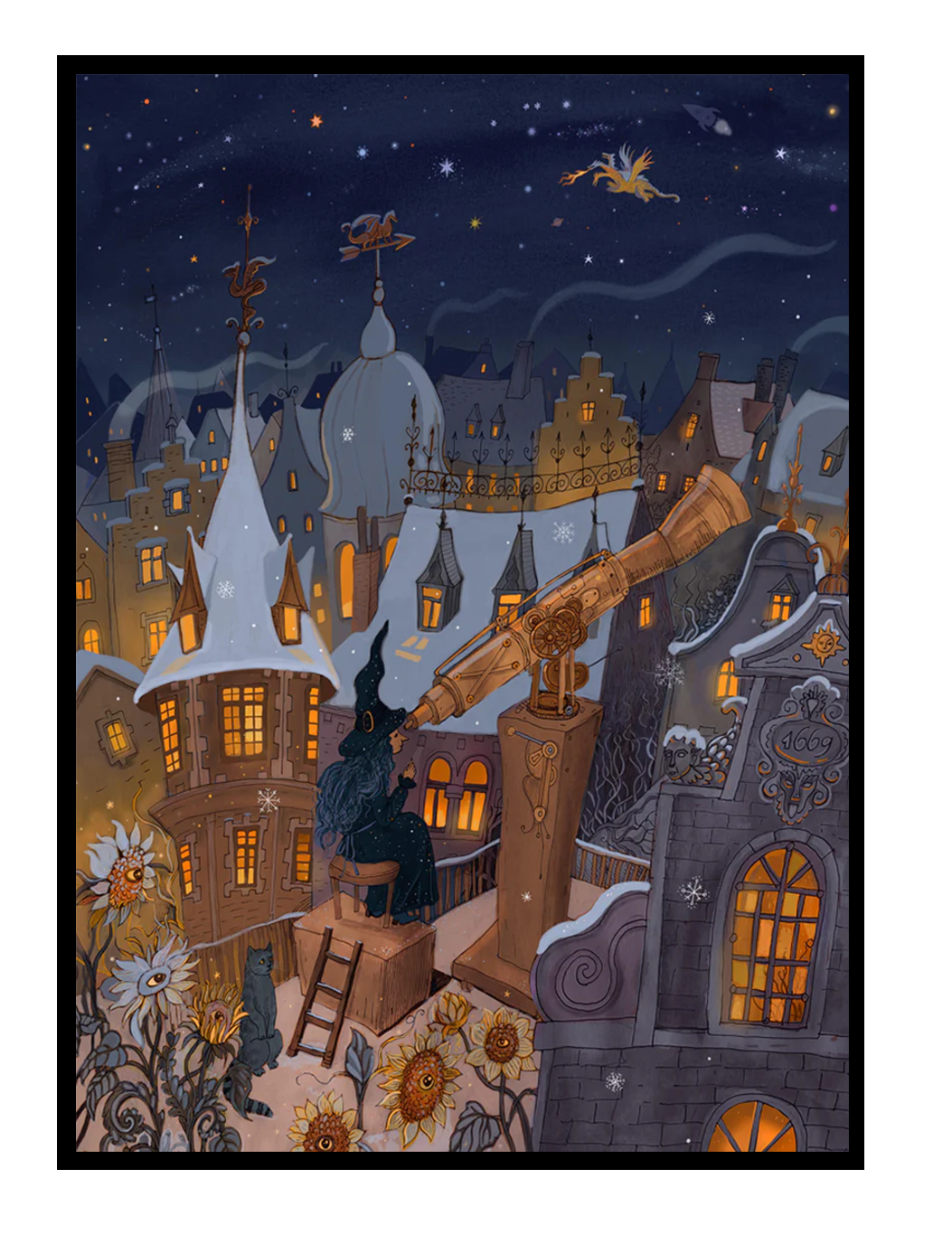 Winter Stargazer by Lena Yampolski featuring a witch observing the night sky through a telescope above a snow-covered fantasy town, illuminated windows, celestial details, warm golden tones and deep blue winter colors, vertical giclée wall art for cozy home decor.