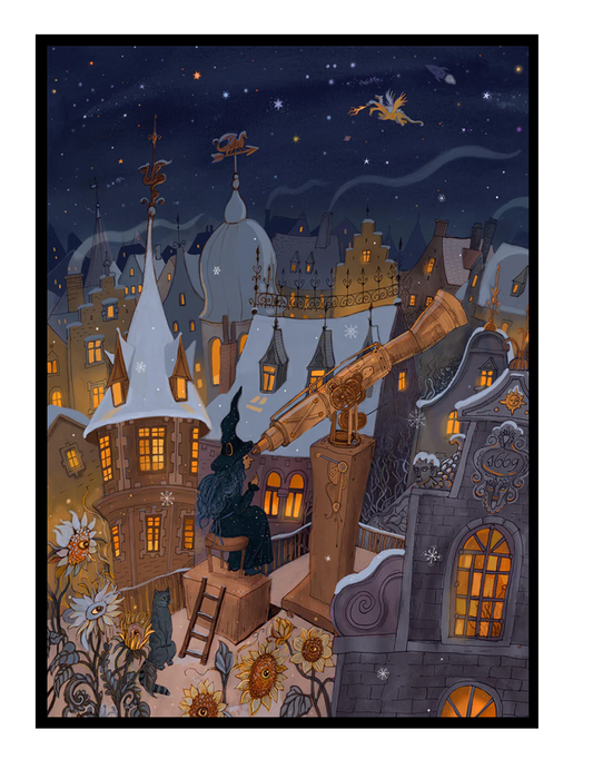 Winter Stargazer by Lena Yampolski featuring a witch observing the night sky through a telescope above a snow-covered fantasy town, illuminated windows, celestial details, warm golden tones and deep blue winter colors, vertical giclée wall art for cozy home decor.