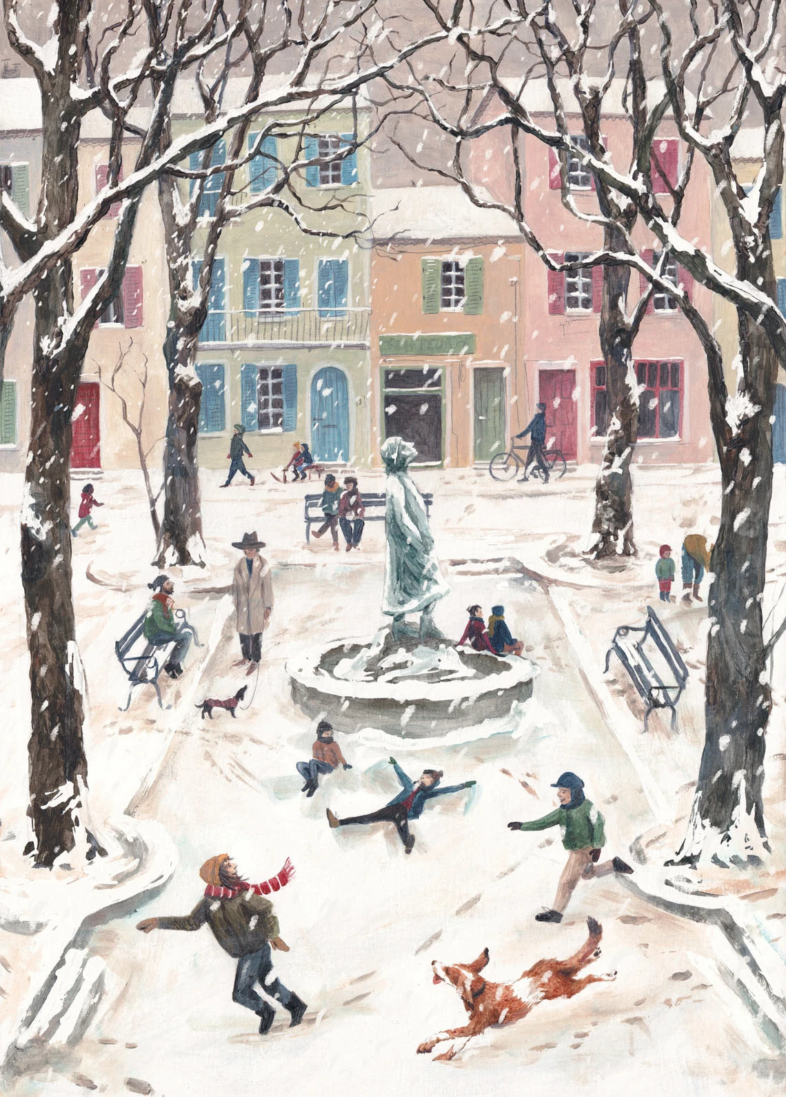 Winter scene illustration of a European village square filled with children and adults playing in the snow, a dog running, and pastel buildings in the background. A nostalgic, cozy winter print by Belgian illustrator Stien van Kerckhoven.