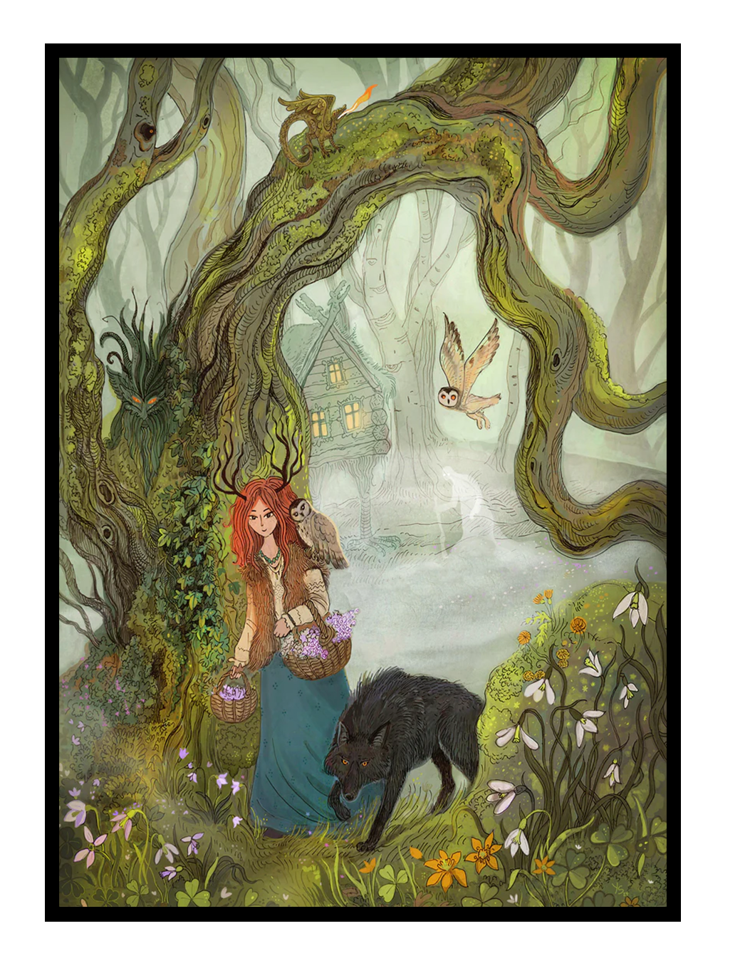 Whimsical folklore-inspired illustration featuring a red-haired witch walking through an enchanted forest with a black wolf, ancient trees, woodland spirits, owls, and a hidden cottage. Detailed fantasy giclée print in soft green and earthy tones, ideal for cozy home decor.