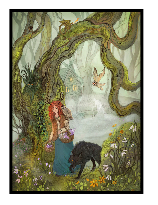 Whimsical folklore-inspired illustration featuring a red-haired witch walking through an enchanted forest with a black wolf, ancient trees, woodland spirits, owls, and a hidden cottage. Detailed fantasy giclée print in soft green and earthy tones, ideal for cozy home decor.