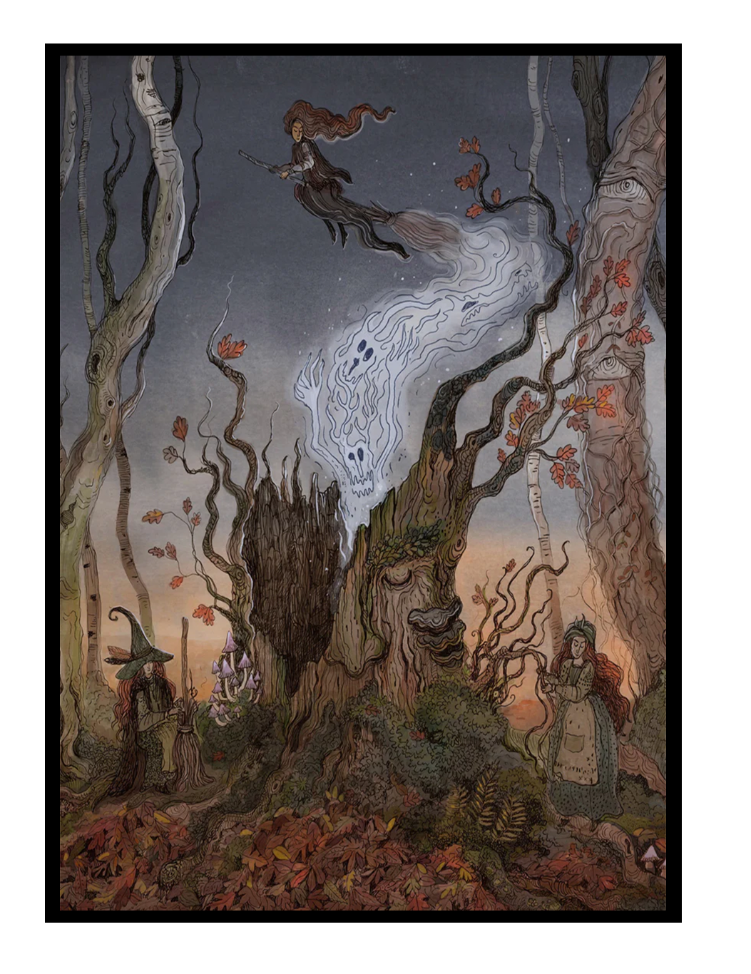 Detailed fantasy forest illustration featuring witches gathered around an ancient tree spirit at twilight, with a ghostly woodland creature and flying witch. Rich earthy colors, folklore-inspired giclée print, vertical wall art for cozy home decor.