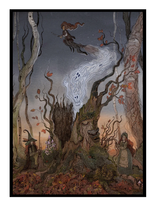 Detailed fantasy forest illustration featuring witches gathered around an ancient tree spirit at twilight, with a ghostly woodland creature and flying witch. Rich earthy colors, folklore-inspired giclée print, vertical wall art for cozy home decor.