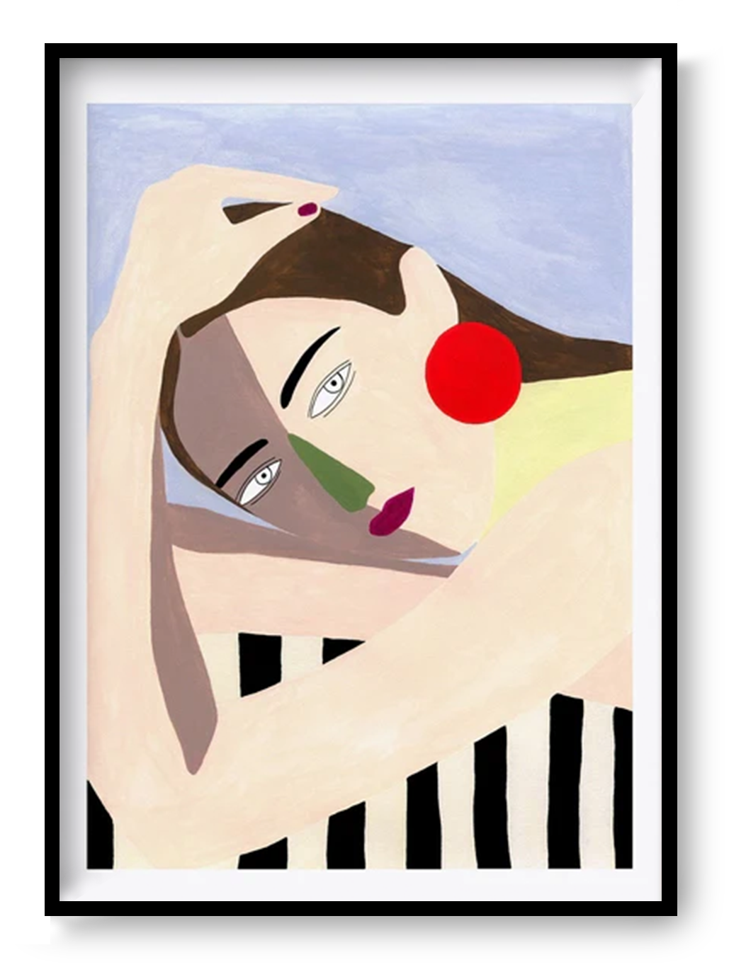 minimalist abstract woman giclée print A3, soft geometric shapes, neutral tones with bold red circle accent, modern female portrait wall art for contemporary home decor