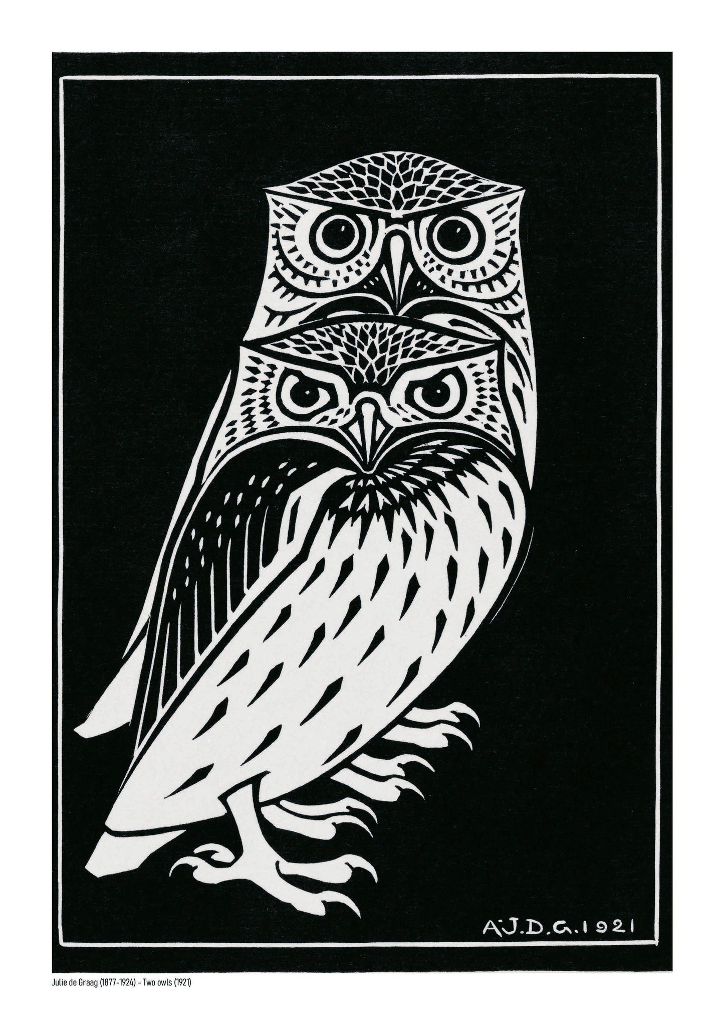Vertical black-and-white digital art print of two stylised owls by Julie de Graag, based on a 1921 woodcut, with bold graphic lines for study, hallway, or living room wall decor.