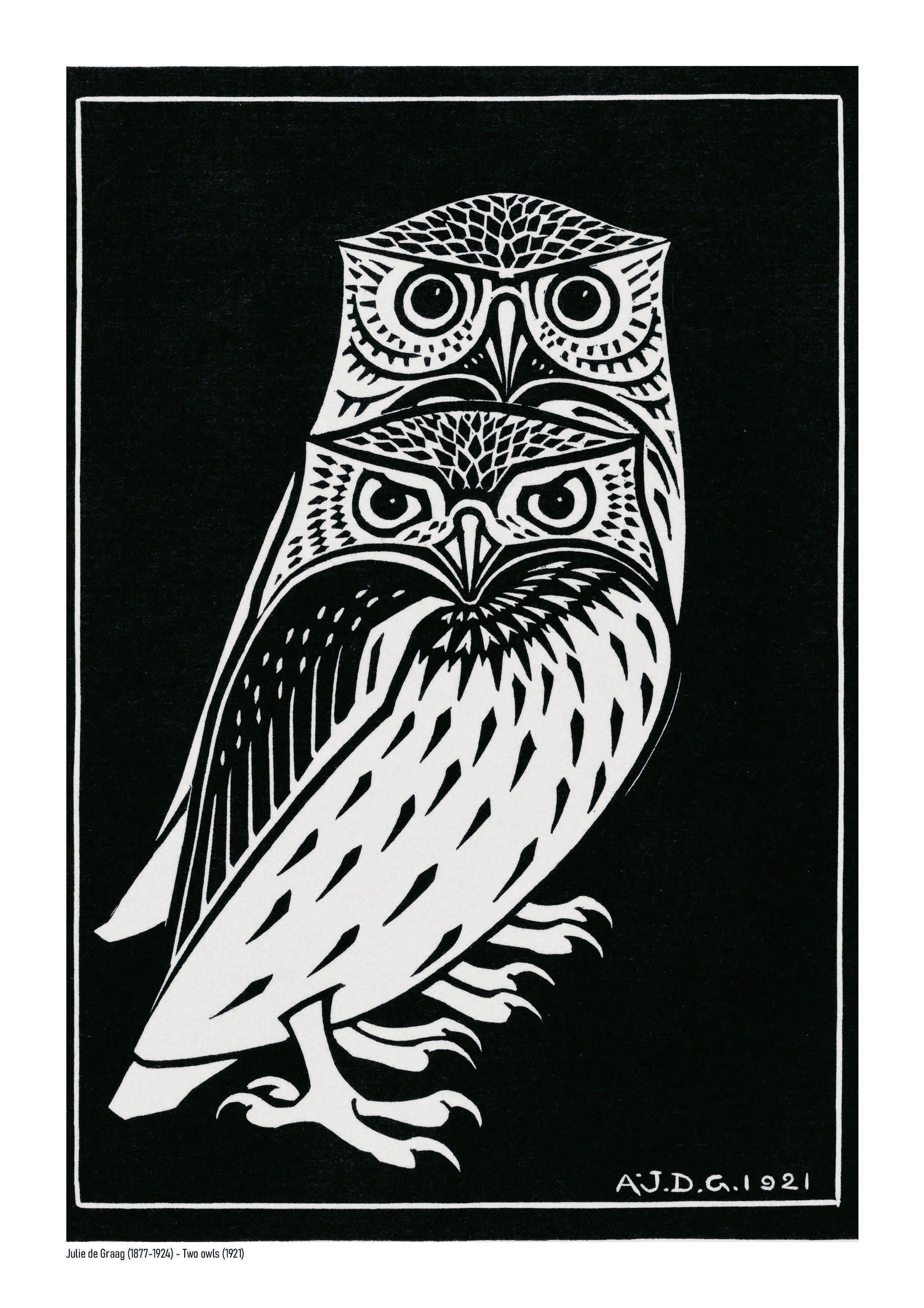 Vertical black-and-white digital art print of two stylised owls by Julie de Graag, based on a 1921 woodcut, with bold graphic lines for study, hallway, or living room wall decor.