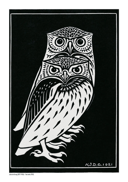Vertical black-and-white digital art print of two stylised owls by Julie de Graag, based on a 1921 woodcut, with bold graphic lines for study, hallway, or living room wall decor.