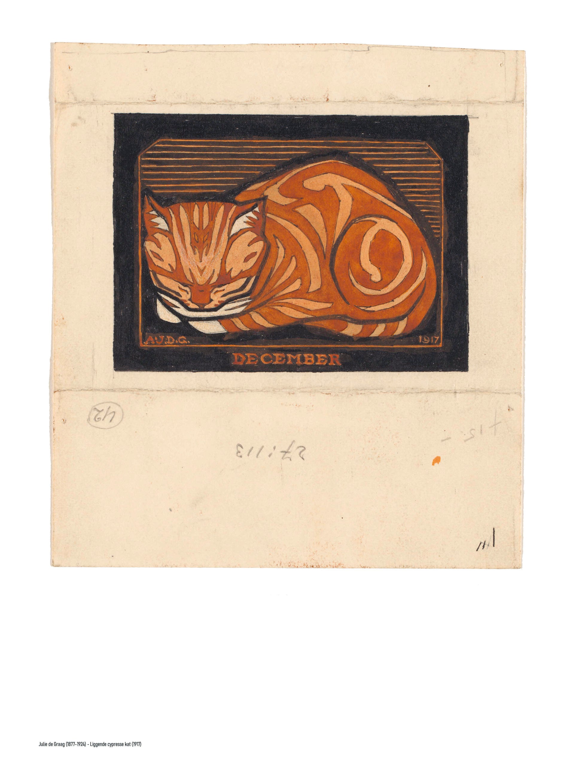 Orange curled cat in a bold early 20th-century woodcut style, with black outlines and a dark background. Vertical digital art print for cosy wall decor and cat-themed interiors.