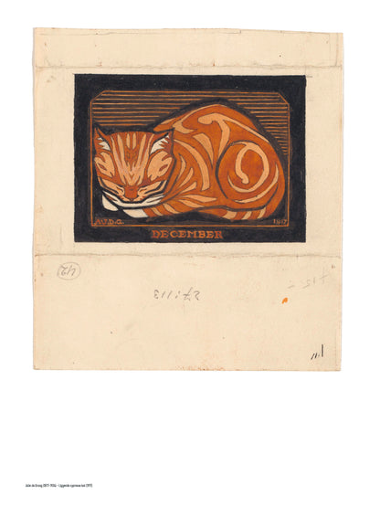 Orange curled cat in a bold early 20th-century woodcut style, with black outlines and a dark background. Vertical digital art print for cosy wall decor and cat-themed interiors.