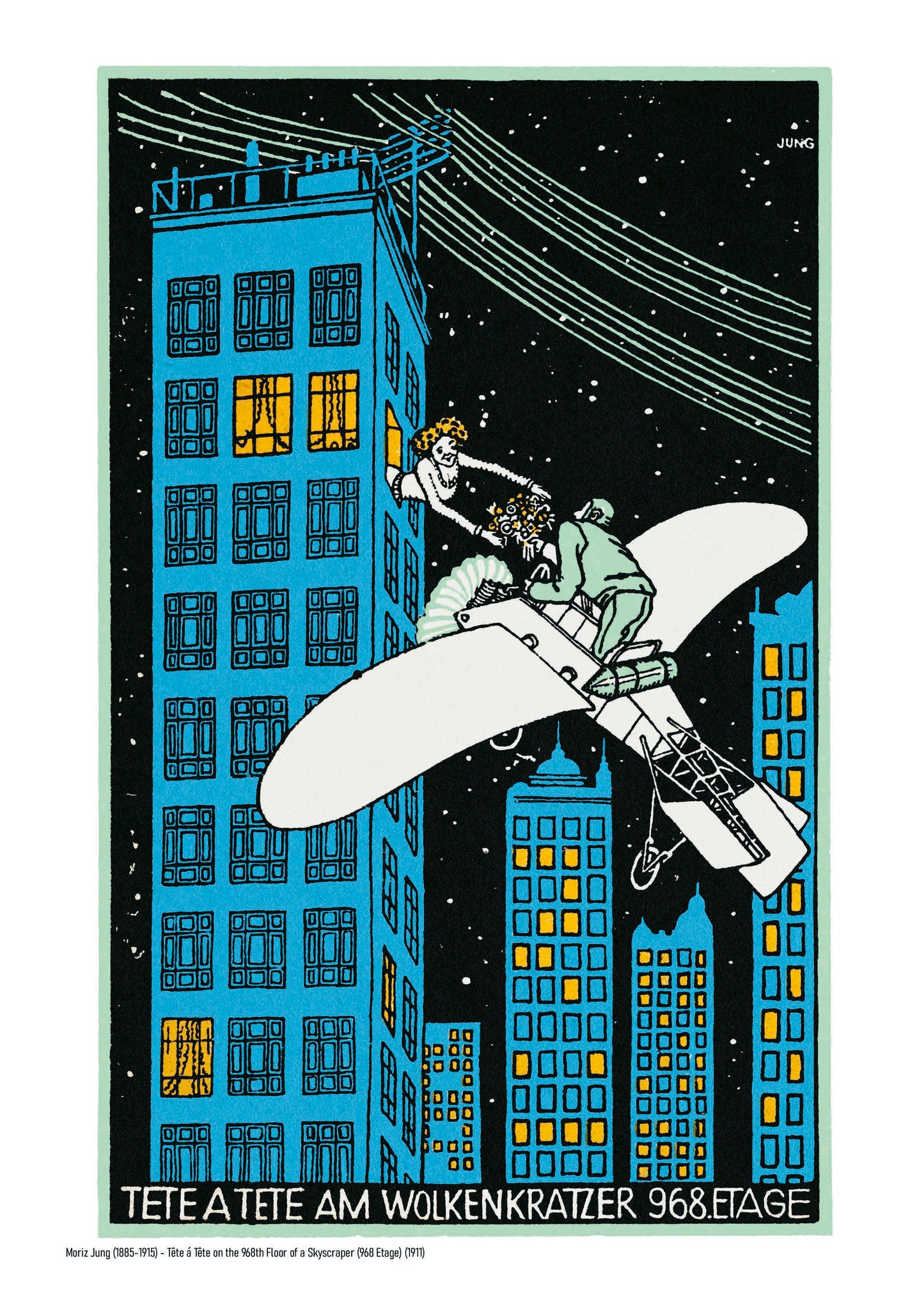 Vertical vintage giclée art print by Moriz Jung showing a man in an aeroplane offering flowers to a woman in a skyscraper, with blue buildings, yellow windows and a black night sky, ideal for playful wall decor.