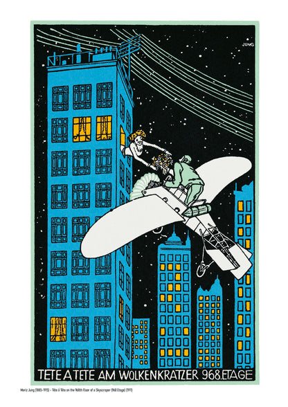 Vertical vintage giclée art print by Moriz Jung showing a man in an aeroplane offering flowers to a woman in a skyscraper, with blue buildings, yellow windows and a black night sky, ideal for playful wall decor.