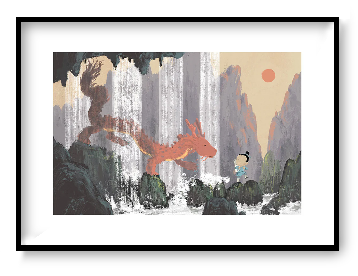Year of the Dragon by Willy Leung featuring a child meeting a friendly red dragon beside waterfalls in a dreamlike mountain landscape. Fine art giclée print with soft earthy colors, perfect for children's rooms, reading corners, and modern home decor.