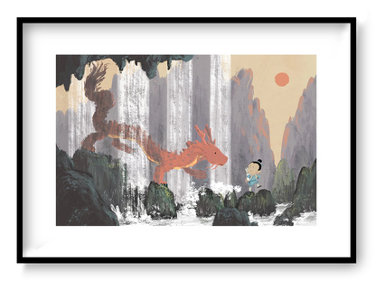 Year of the Dragon by Willy Leung featuring a child meeting a friendly red dragon beside waterfalls in a dreamlike mountain landscape. Fine art giclée print with soft earthy colors, perfect for children's rooms, reading corners, and modern home decor.