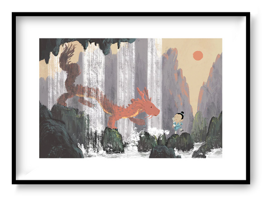 Year of the Dragon by Willy Leung featuring a child meeting a friendly red dragon beside waterfalls in a dreamlike mountain landscape. Fine art giclée print with soft earthy colors, perfect for children's rooms, reading corners, and modern home decor.