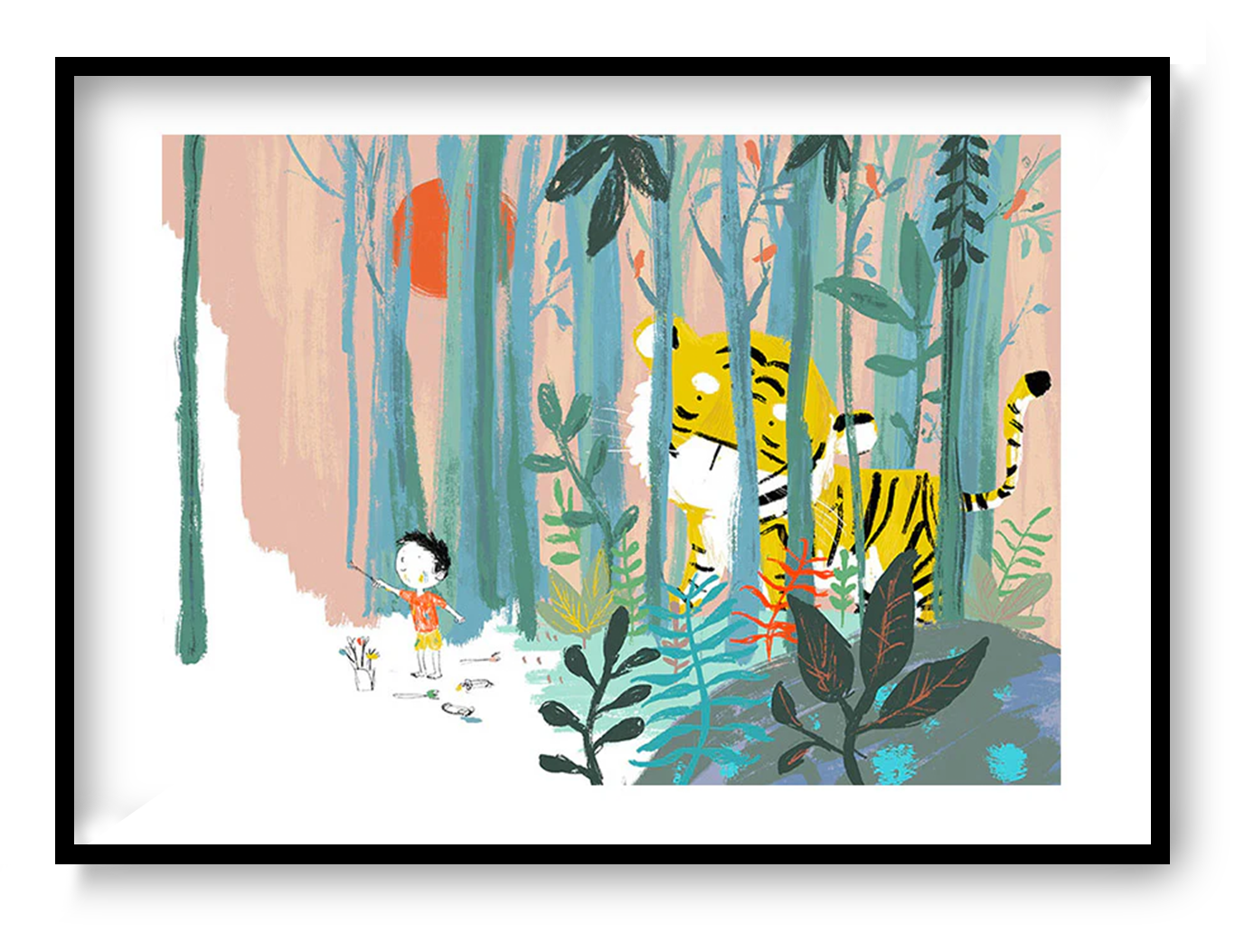 Child standing in a pastel forest facing a large yellow tiger behind tall trees, illustrated by Willy Leung in a soft poetic style with teal foliage and dreamlike colors.