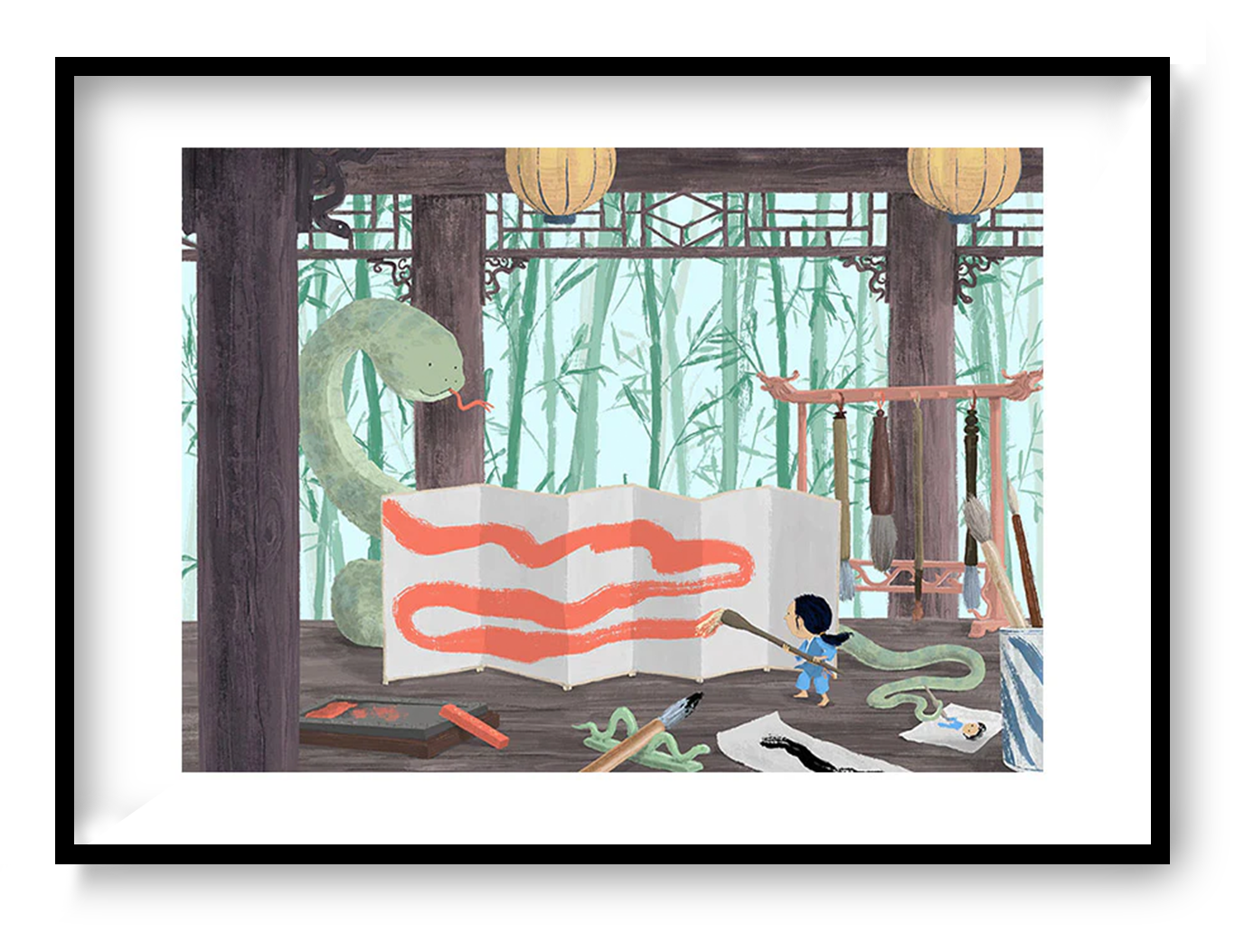 Year of the Snake by Willy Leung, a poetic giclée art print showing a child painting beside a large green snake in a calm bamboo-inspired interior, ideal for fantasy wall art, children’s room decor, and storytelling illustration lovers.