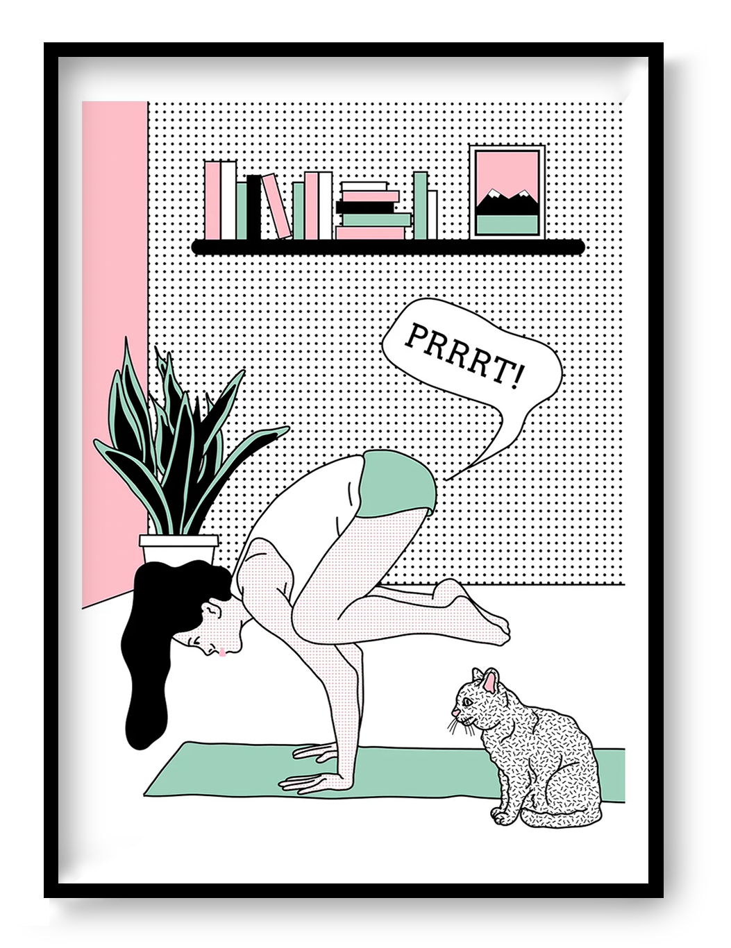 Limited-edition screen print showing a woman balancing in a yoga pose while a cat watches and a comic speech bubble adds humor. Minimalist pop-art style in pastel pink, mint green, black, and white. Vertical silkscreen wall art for modern home decor.