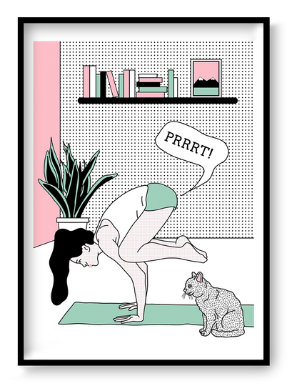 Limited-edition screen print showing a woman balancing in a yoga pose while a cat watches and a comic speech bubble adds humor. Minimalist pop-art style in pastel pink, mint green, black, and white. Vertical silkscreen wall art for modern home decor.
