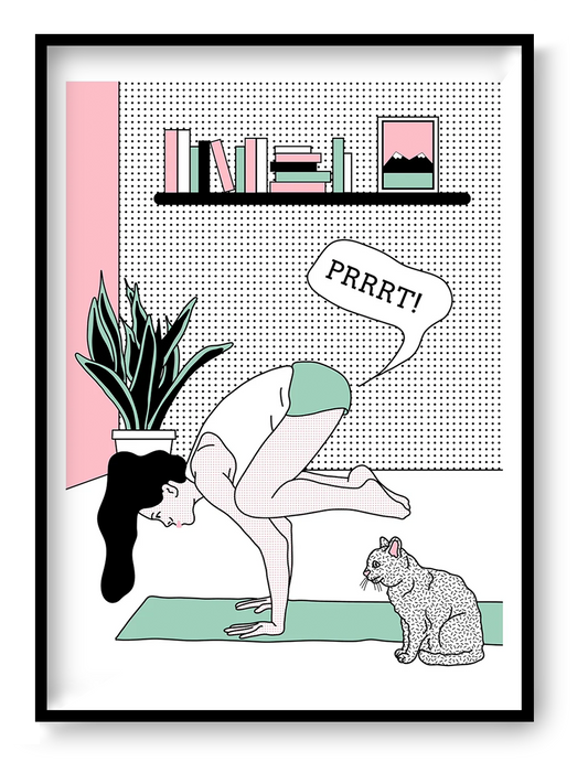 Limited-edition screen print showing a woman balancing in a yoga pose while a cat watches and a comic speech bubble adds humor. Minimalist pop-art style in pastel pink, mint green, black, and white. Vertical silkscreen wall art for modern home decor.