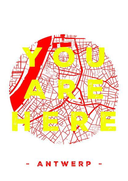 Handmade A3 screen print titled “You Are Here” by De Zeverij, featuring a Red-and-white map of Antwerp with bold yellow typography, modern graphic wall art printed in Belgium for contemporary interiors.