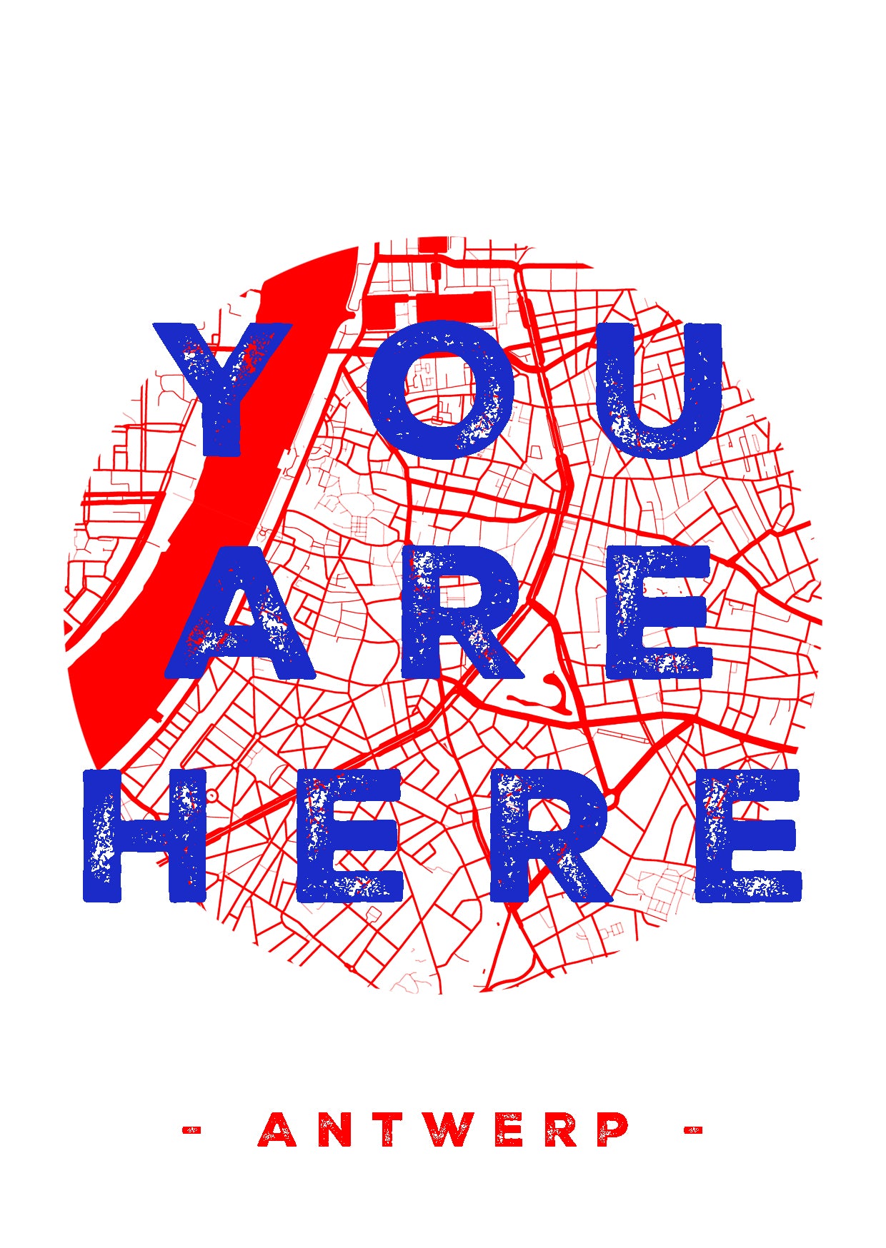 A6 hand-printed screen print titled “You Are Here” by De Zeverij, featuring a red and blue graphic map of Antwerp with bold typography, contemporary Belgian illustration art.