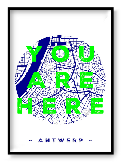 Handmade A3 screen print titled “You Are Here” by De Zeverij, featuring a blue-and-white map of Antwerp with bold green typography, modern graphic wall art printed in Belgium for contemporary interiors.