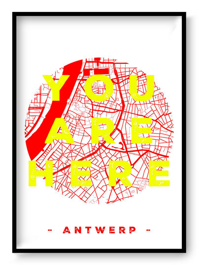 Handmade A3 screen print titled “You Are Here” by De Zeverij, featuring a Red-and-white map of Antwerp with bold yellow typography, modern graphic wall art printed in Belgium for contemporary interiors.