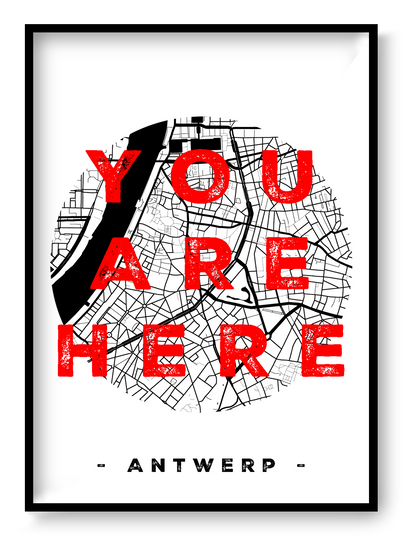 Handmade A3 screen print titled “You Are Here” by De Zeverij, featuring a black-and-white map of Antwerp with bold red typography, modern graphic wall art printed in Belgium for contemporary interiors.