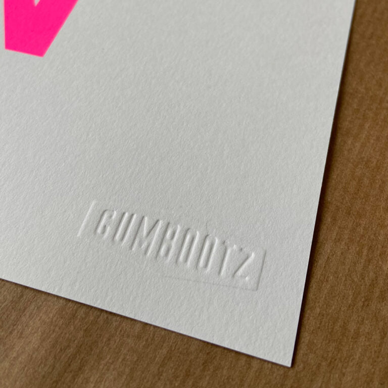 Typography art print ‘I Want to Kiss You All Over’ by Gumbootz, 30×40 cm hand-pulled screen print in bold red and fluorescent pink, modern graphic poster with overlapping text design, contemporary wall art for lovers of expressive, romantic prints.