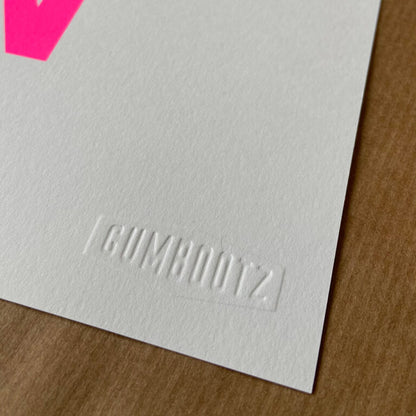 Typography art print ‘I Want to Kiss You All Over’ by Gumbootz, 30×40 cm hand-pulled screen print in bold red and fluorescent pink, modern graphic poster with overlapping text design, contemporary wall art for lovers of expressive, romantic prints.